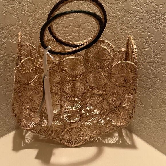Guadalupe Alamo Basket Bag Neutral Tan Open Weave Artsy Coastal Boho Unique NWT - Picture 3 of 13
